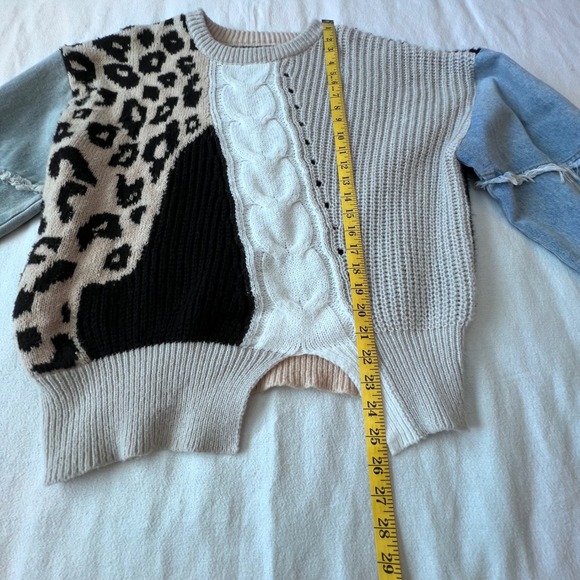 BiBi Mixed Media Patchwork Leopard Knit Sweater Denim Sleeves Asymmetrical Hem S - Picture 8 of 11